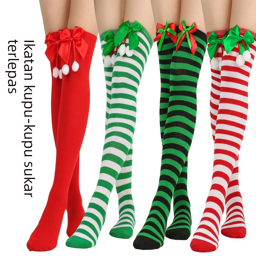 新品跨境蝴蝶结圣诞袜球球袜子过膝袜女长筒欧美节日圣诞条纹