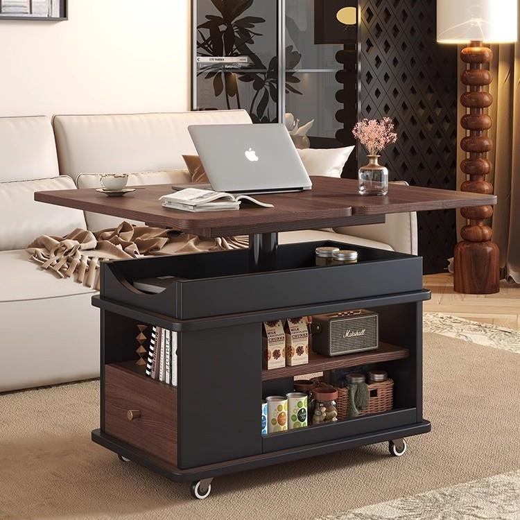 2025新款中古风全实木升降折叠沙发边几边柜客厅可移动小推车茶几