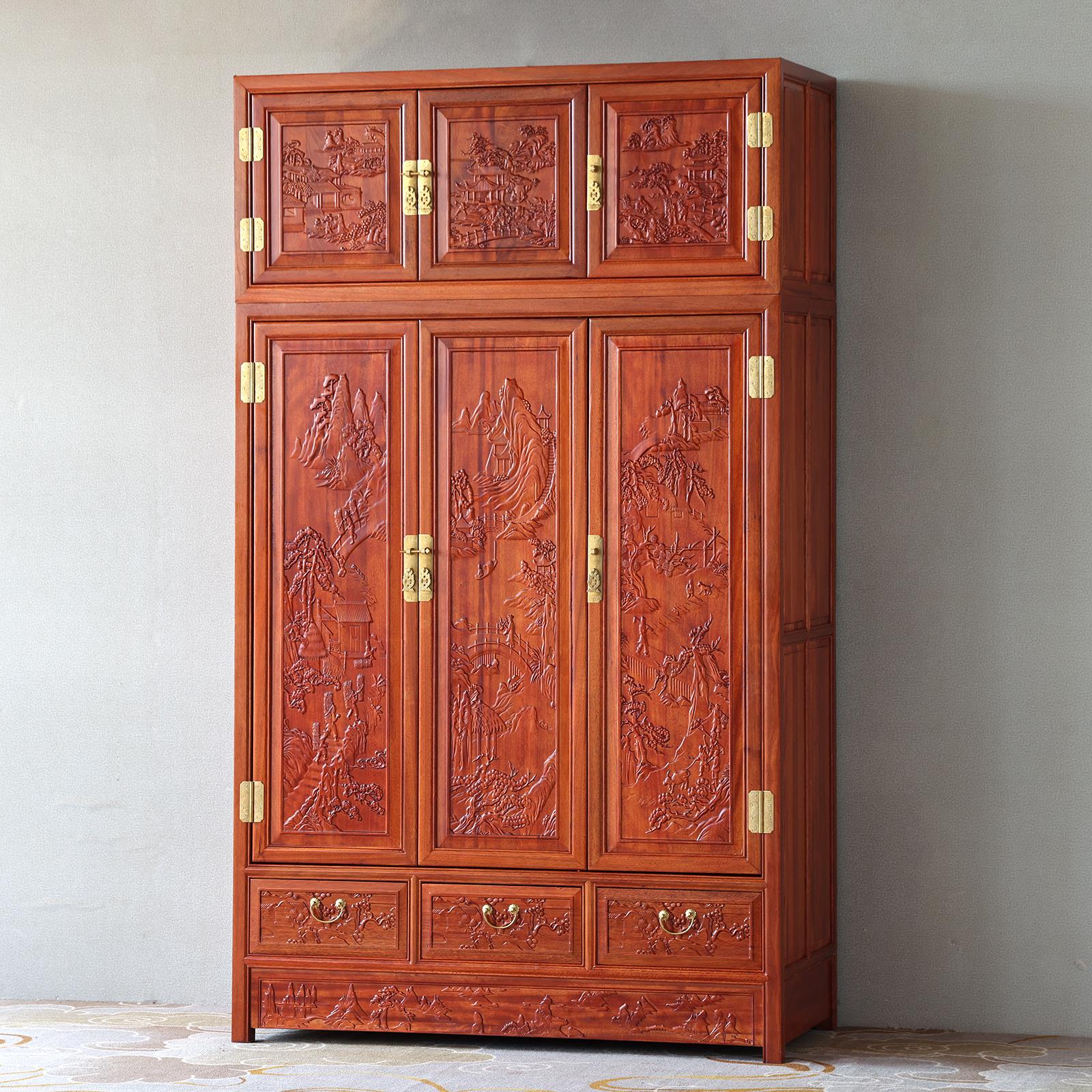 彷古家俱实木大衣柜南榆木四门组合顶箱柜明清古典中式雕花收纳柜