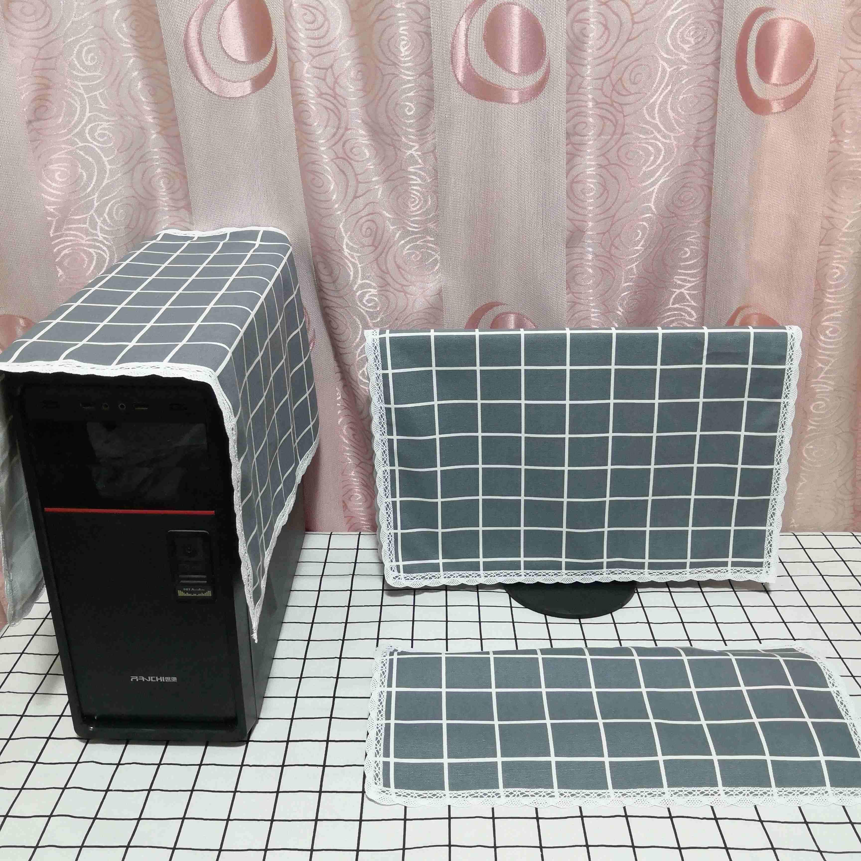 电脑防尘罩台式显示器主机箱全包保护套可爱家用田园格子键盘盖布