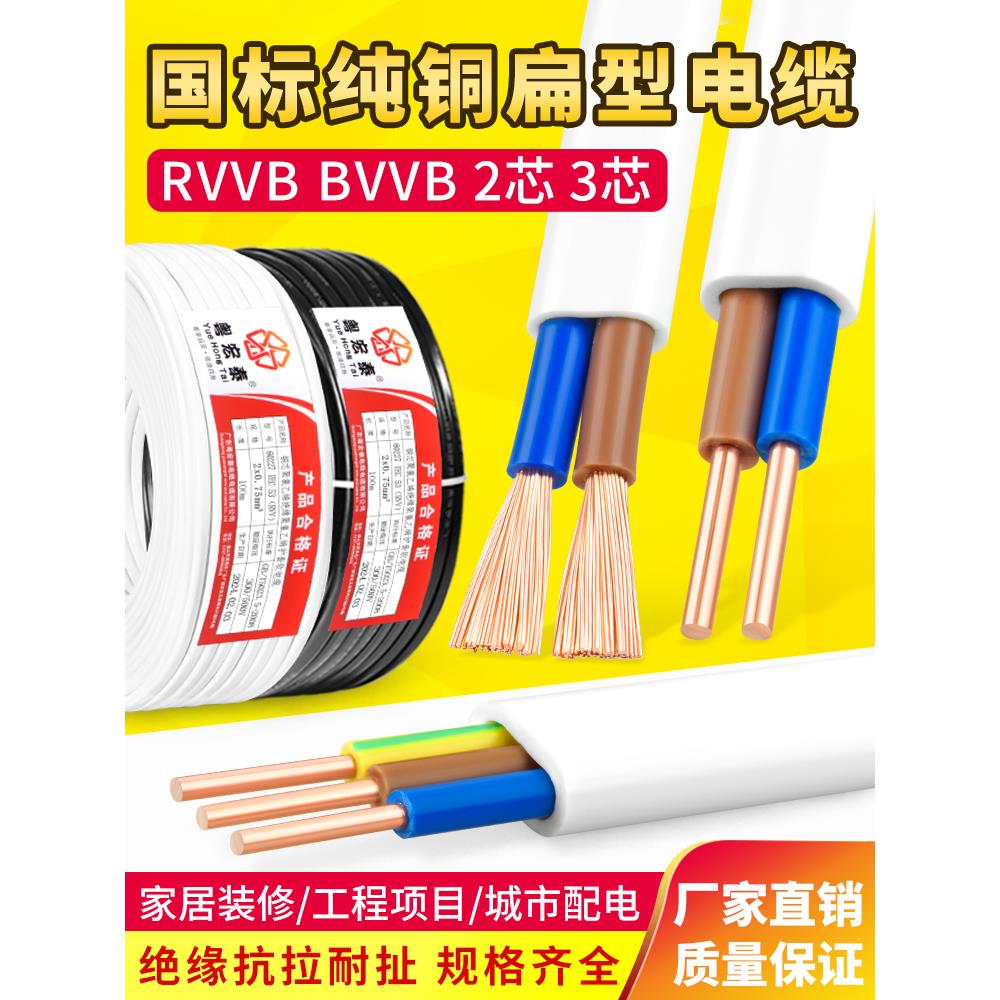 国标纯铜BVVB护套线2芯3芯1 1.5 2.5平方白色平行家用电源硬电线