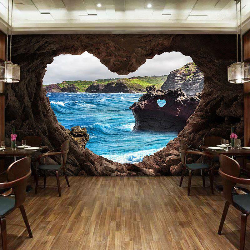 空间延伸壁纸大自然风景3D立体山洞海景壁纸饭厅酒吧酒店墙布