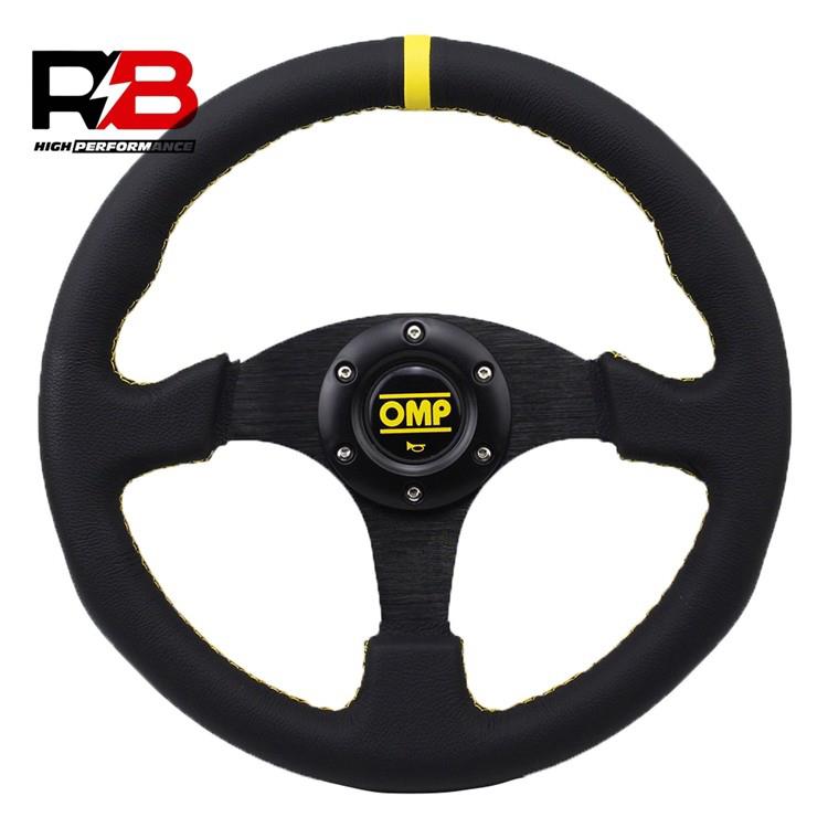 13寸OMP 磨砂翻毛皮改装方向盘 红线黄线真皮 赛车通用方向盘