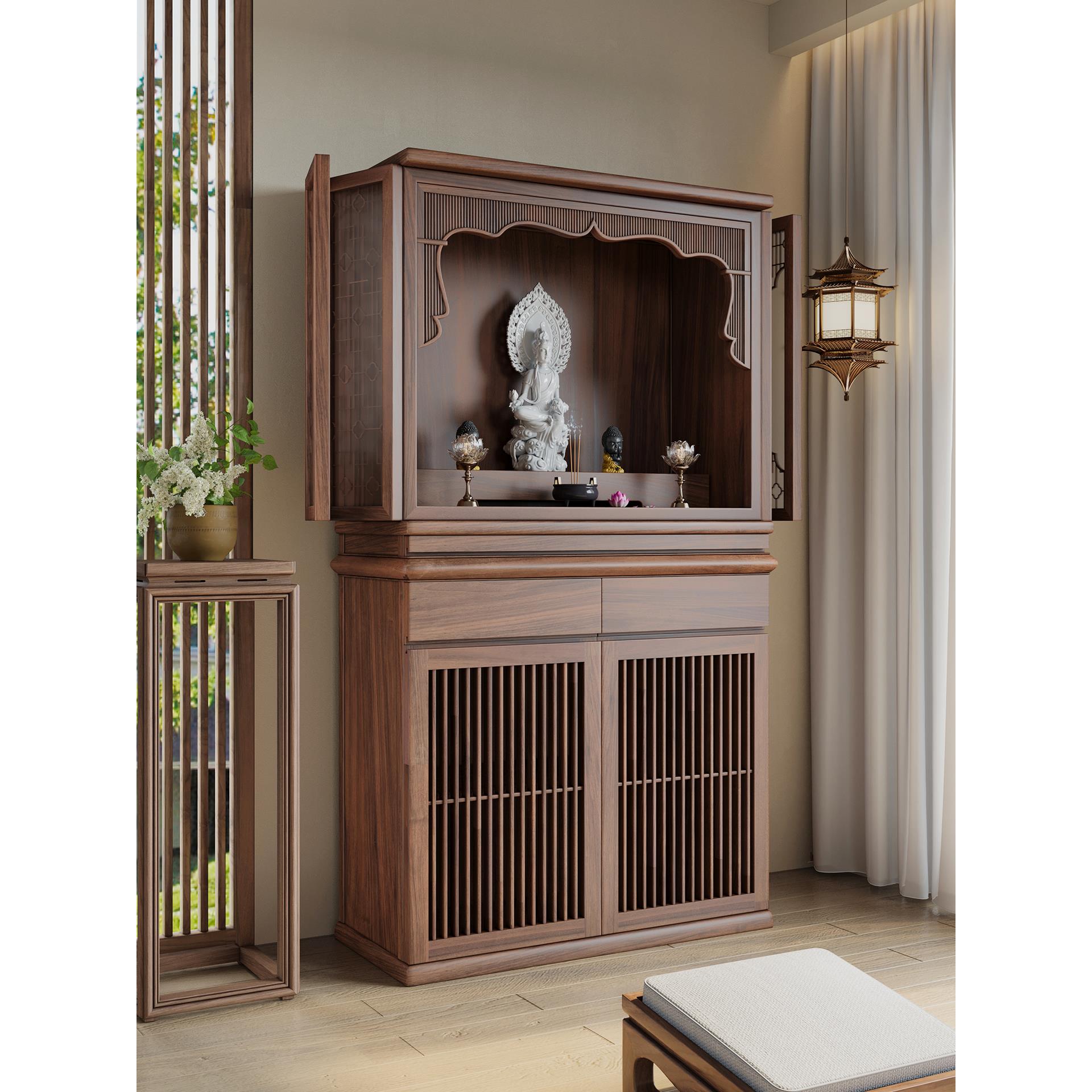 黑胡桃木佛龛新中式立柜家用带门雕花宋式美学菩萨观音财神神龛柜