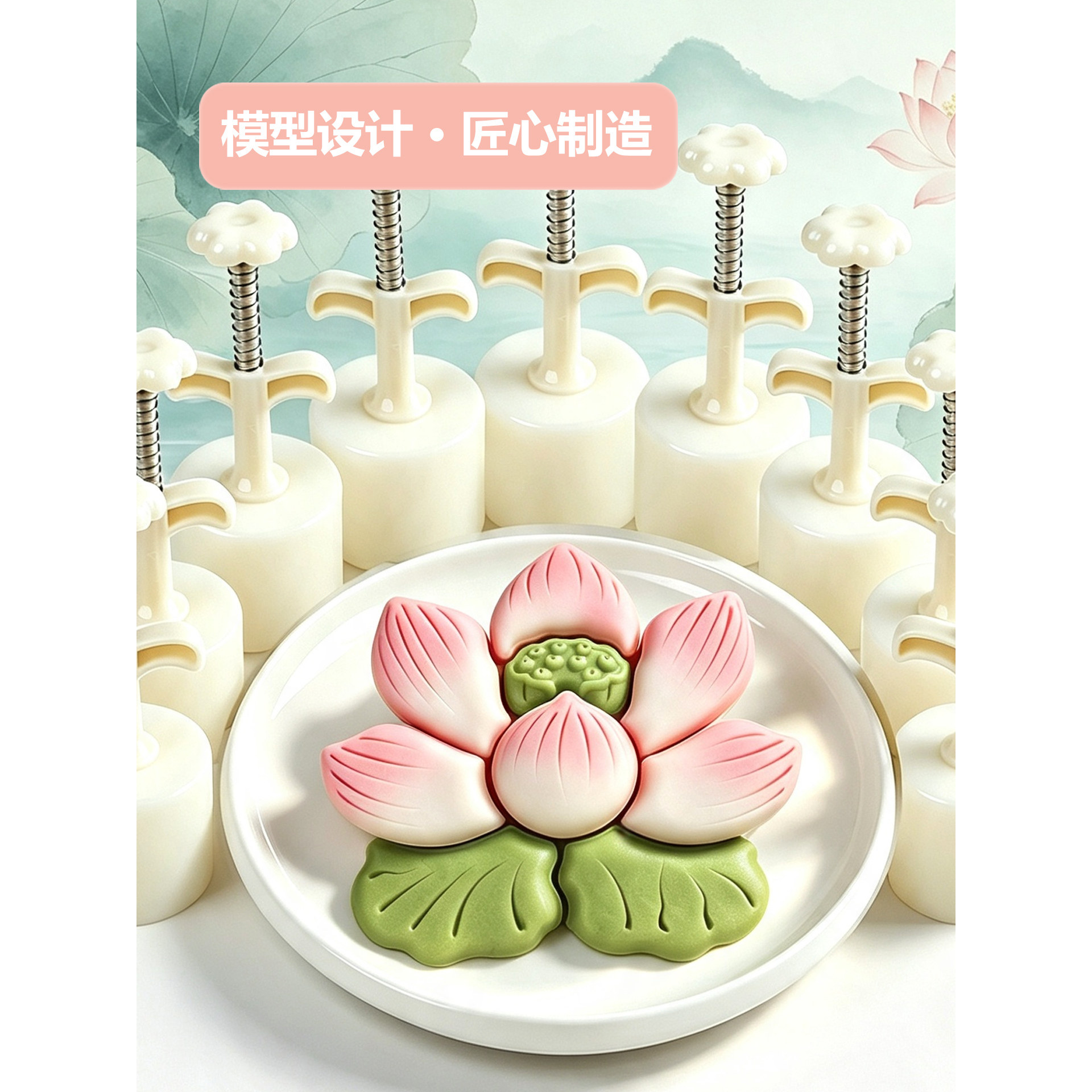 荷花文创月饼模具荷塘月色烘焙工具中秋手压异形模子来图刻字定做