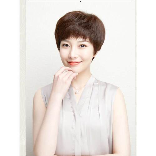 假发女短发中年头发女士中老年短直发真人发丝全头套式自然妈妈款