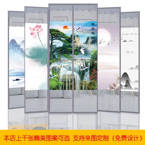 2025年新款中式水墨画防蚊金刚网门帘防窥魔术贴自粘自吸磁性纱帘