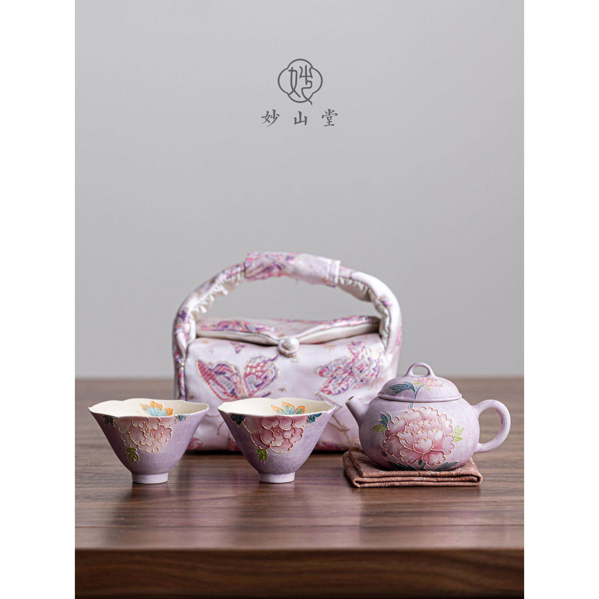 送闺蜜朋友结婚礼物女生专用旅行茶具一壶两杯精致手工牡丹套装
