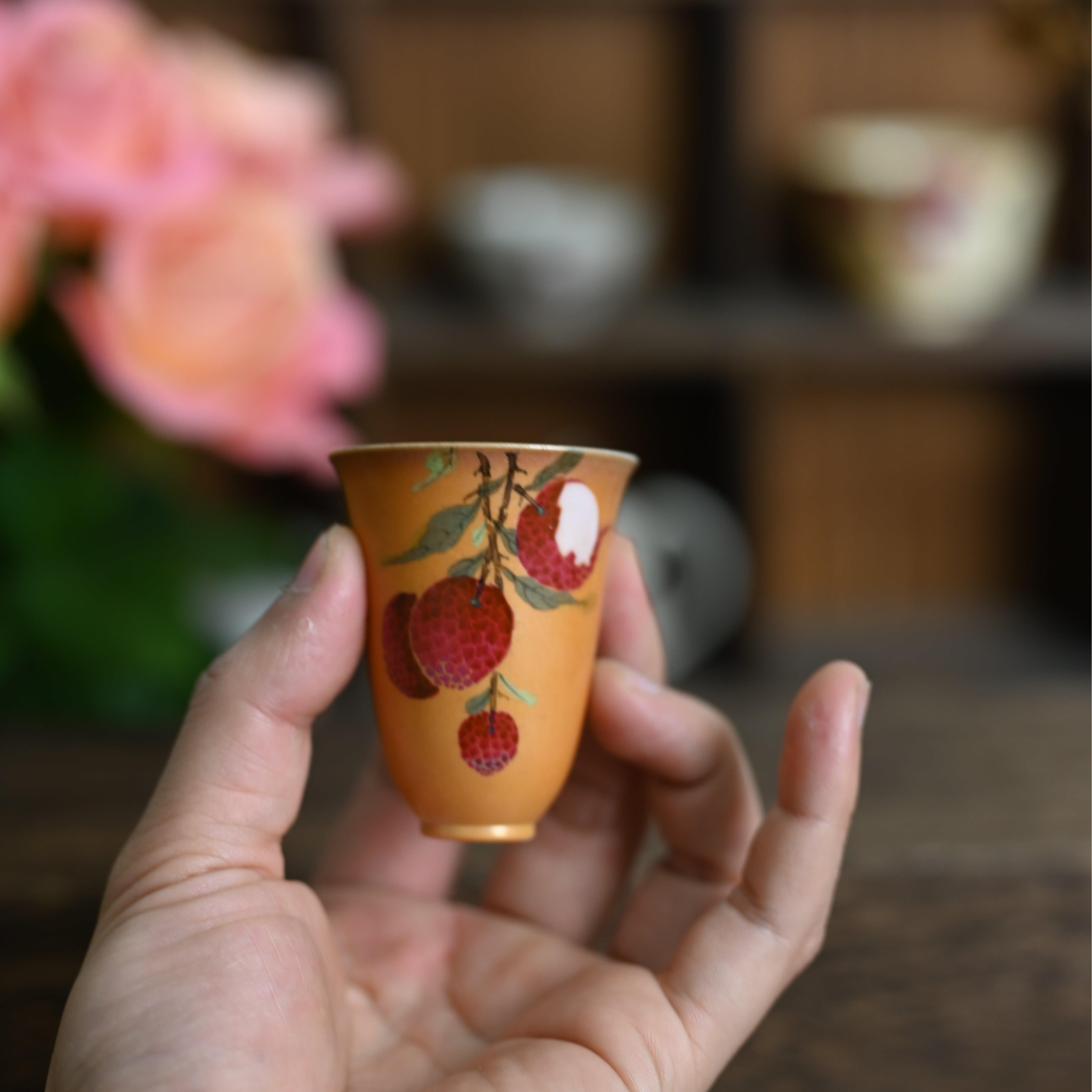 景德镇柴烧手绘荔枝茶杯纯手工主人杯女士陶瓷杯子中式送礼茶具男