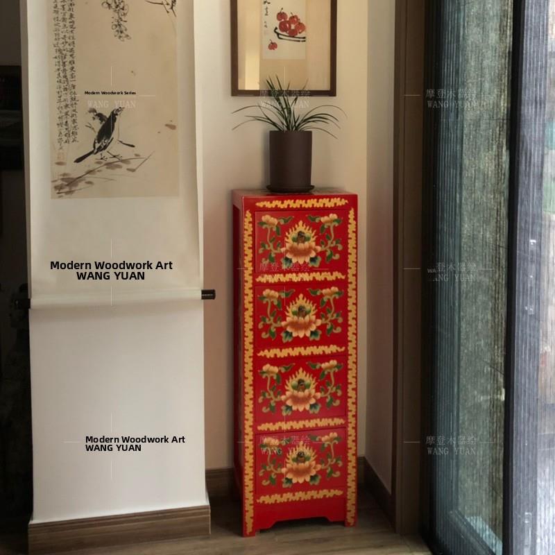 彩绘家具实木边柜4斗柜CD柜手绘中式彷古储物收纳柜藏式可订制做