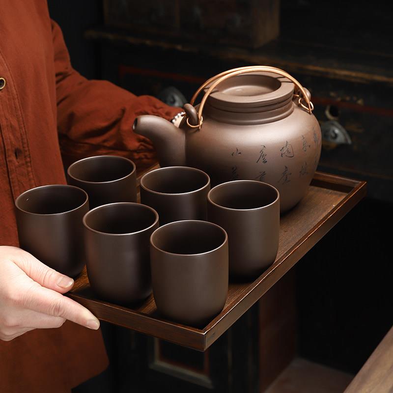 宜兴紫砂茶具提梁壶套装超大号1200ml复古紫泥泡茶壶茶缸大容量