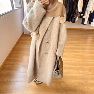 濮院26春新款拉绒山羊绒羊毛大衣女西装领双排扣白色宽松长款外套