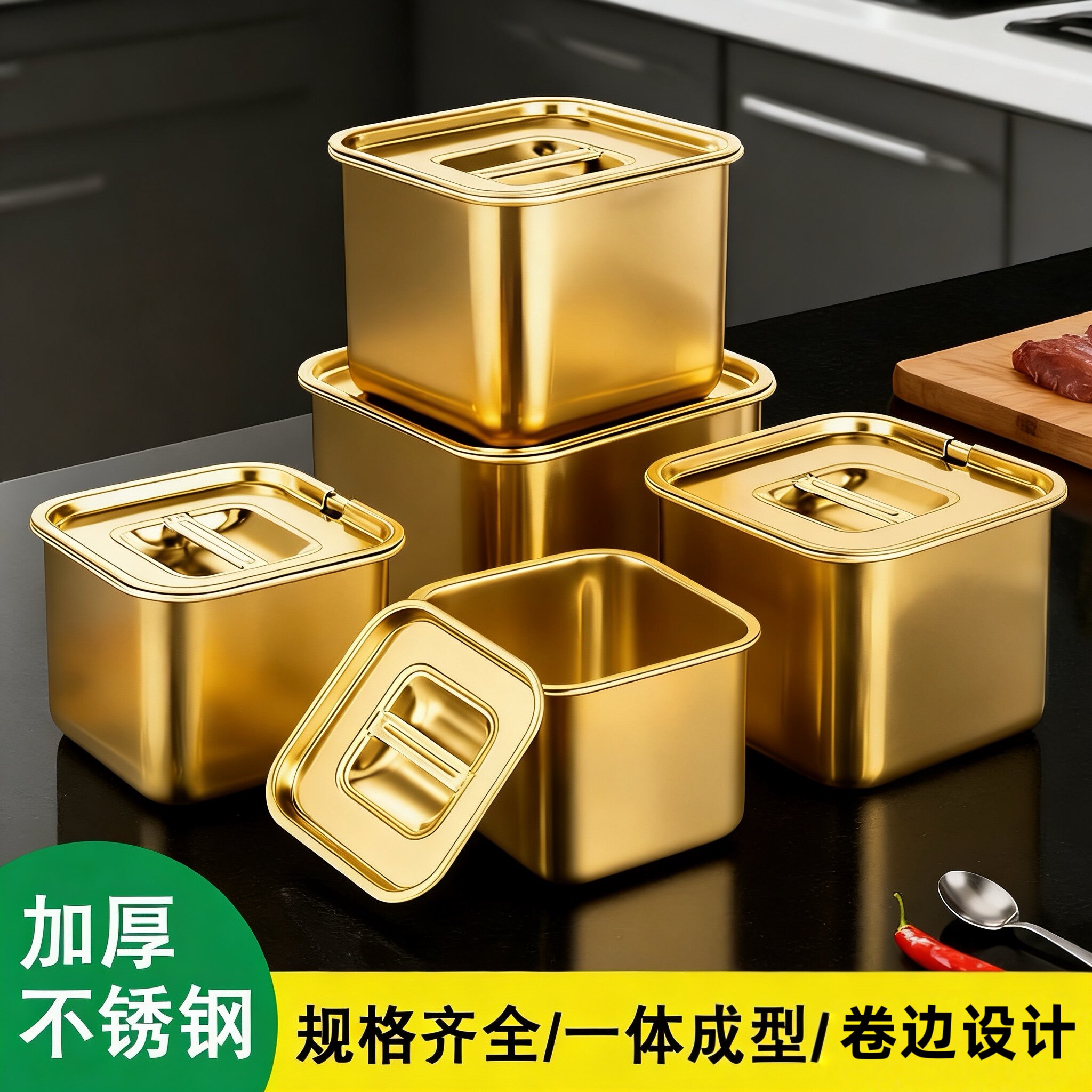 金色新款304不锈钢调料罐方形佐料盆带盖调料盒商用配料盒猪油盆