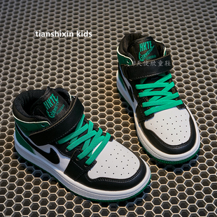 儿童运动鞋绿色2025秋冬新款男童鞋子中大童二棉女童高帮板鞋加绒