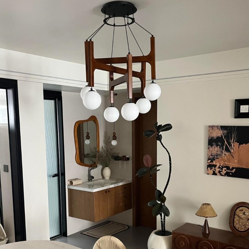 光品士复古侘寂风卧室吊灯客厅中古实木魔豆灯餐厅loft复式楼梯灯