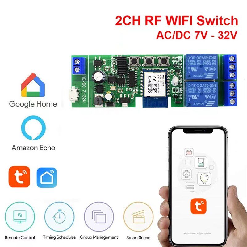 涂鸦Tuya WIFI RF 2CH DC7V-32V点动自锁开关继电器模块远程遥控