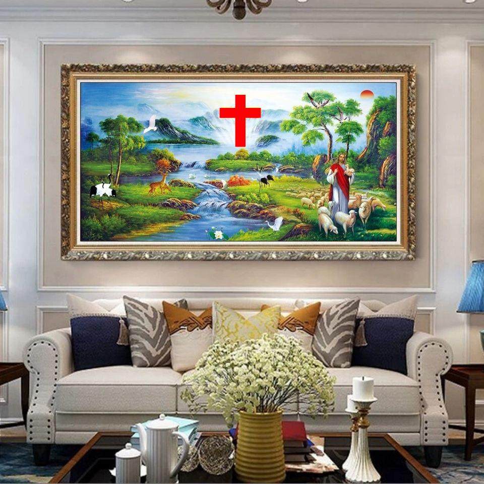 山水画风景钻石画红十字架客厅新款点钻十字绣手工大幅5d钻石贴画