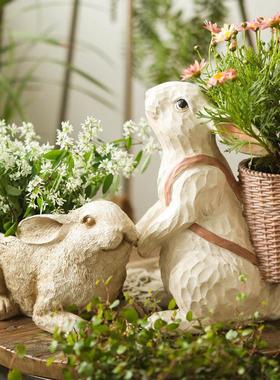 左岸麦田 格兰德花环小兔子背花篮花盆摆件创意树脂工艺家居饰品