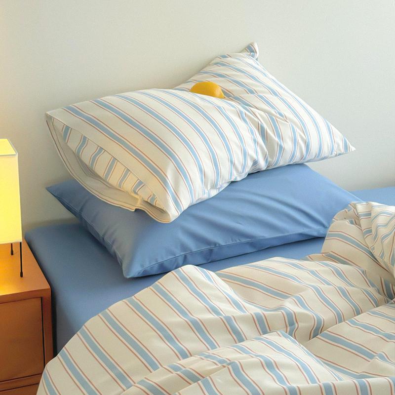 简约蓝色条纹长期主义全棉床单三四件套宿舍床上用品1.8m床笠男生