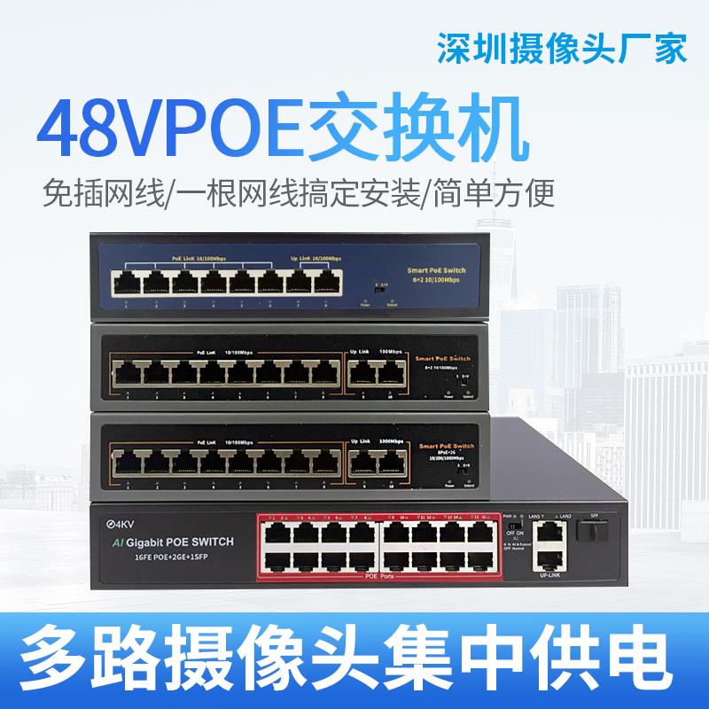 4路/8路/16路标准POE48V交换机安防监控网络摄像头6口10口18口