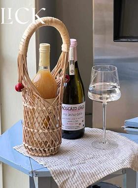 click法式田园风藤条编织红酒提手篮子瓶子收纳 野餐度假酒瓶篮