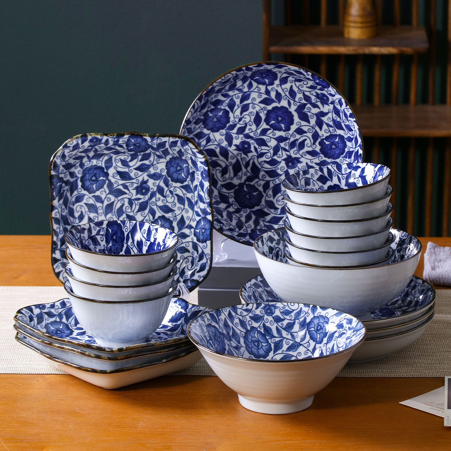 日式复古釉下彩碗碟碗盘面碗