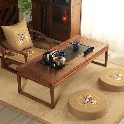 榆木日式榻榻米茶桌椅组合禅意新中式茶几茶台桌北美黑胡桃矮桌子