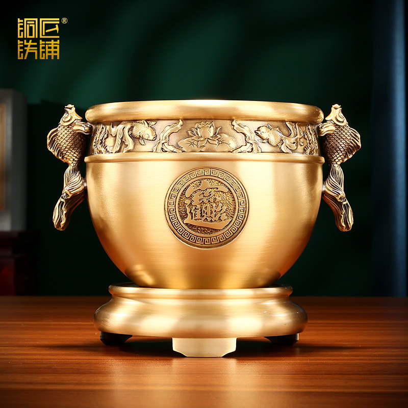 黄铜聚宝盆《福鱼进宝缸》摆件客厅客厅办公室装饰品开??业乔迁礼