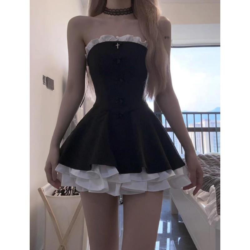 性感纯欲风黑色抹胸连衣裙女夏荷叶边辣妹修身显瘦高腰蓬蓬短裙子
