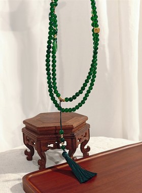 新中式祖母绿平安扣串珠流苏项链 轻奢高级感气质U毛衣长款项链女