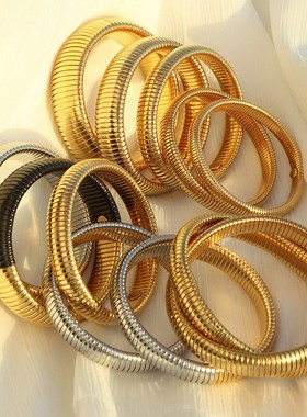 时尚欧美中古风时尚钛钢宽面手镯个性H潮流拼色手环弹力蛇骨新款