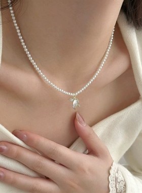 法式鱼尾吊坠珍珠项链女ins轻奢名媛I高级感颈链百搭设计感锁骨链