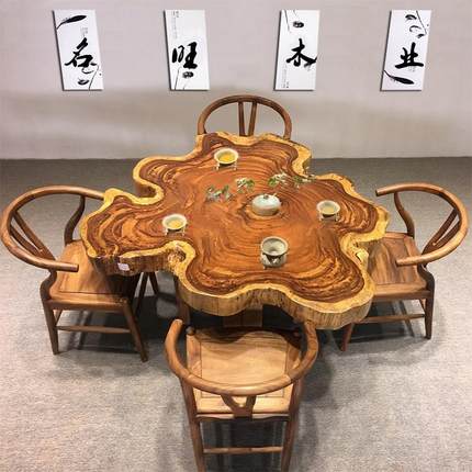 乌金木原木大板桌办公桌实木茶边几茶桌茶台小圆桌胡桃木阳台圆盘