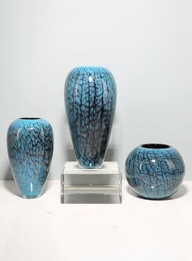 轻奢玻璃花瓶玻璃艺术装饰品蓝色新中国风客厅入口装饰样板房花器