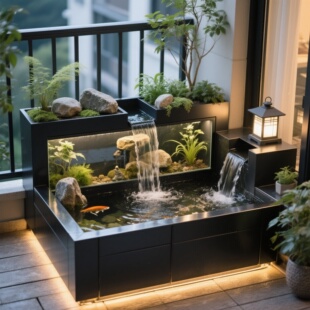家庭阳台大鱼池一体生态造景流水家用不锈钢水景循环水可养鱼室内