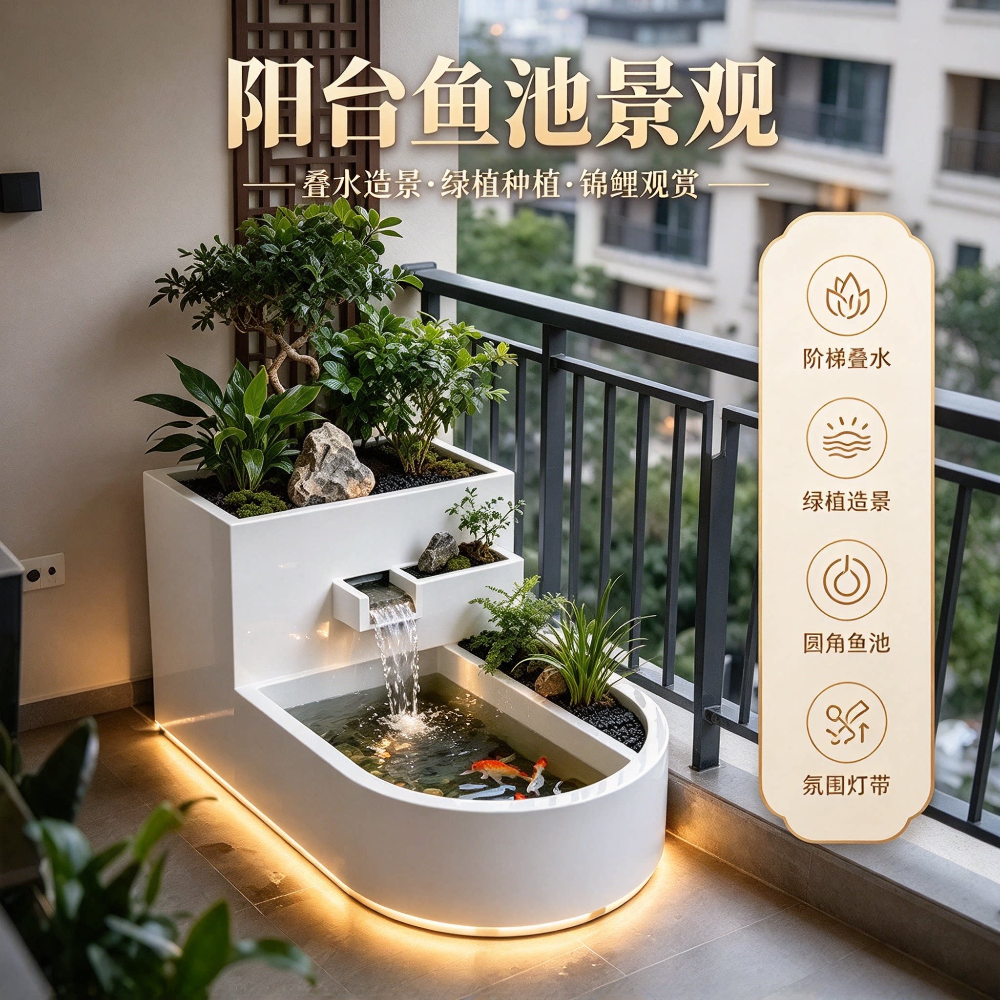 清莲榭阳台不锈钢鱼池花箱金属流水摆件室外露台庭院水景瀑布