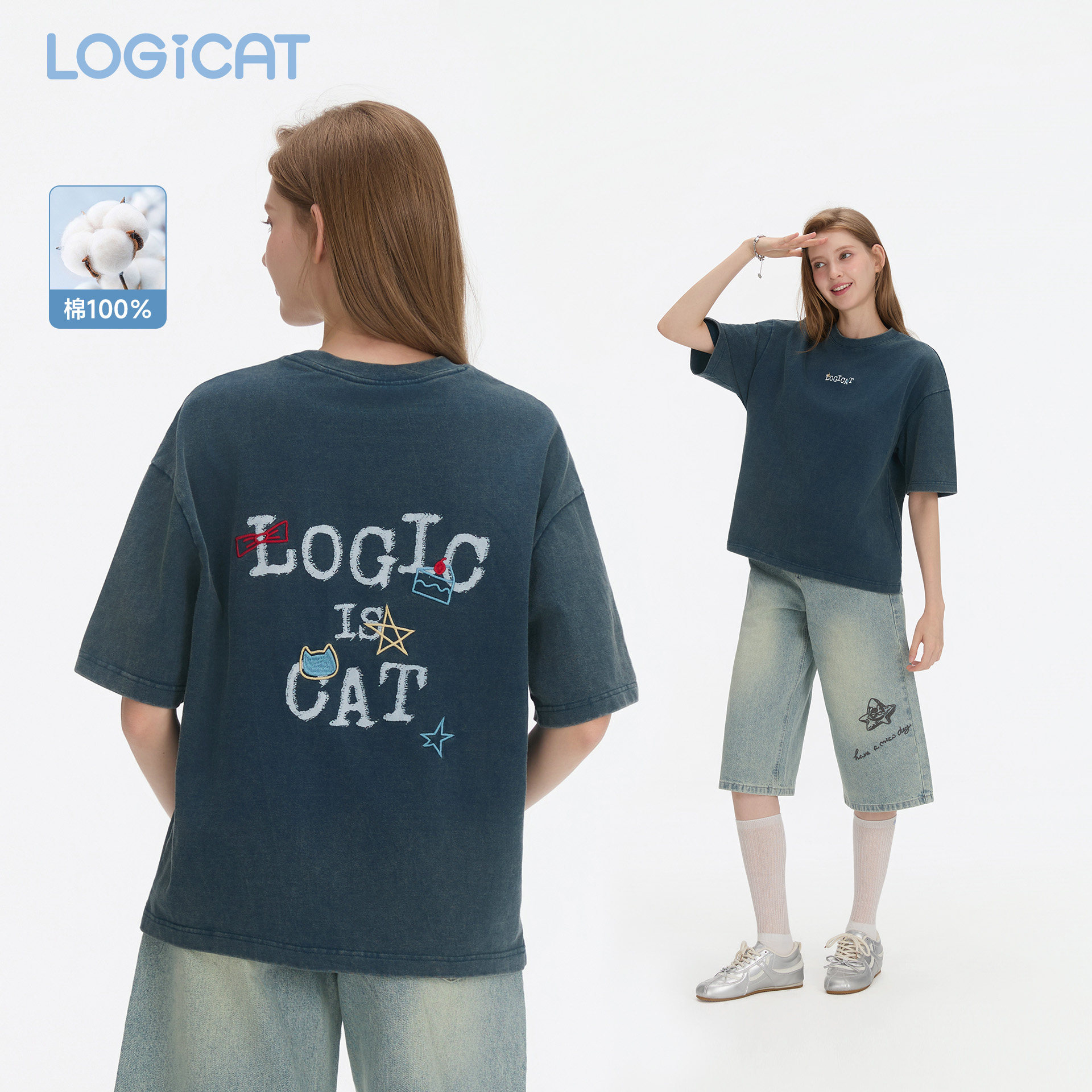 LOGICAT纪念T恤2026新款宽松百搭舒适水洗深蓝色周年纯棉短袖上衣图片