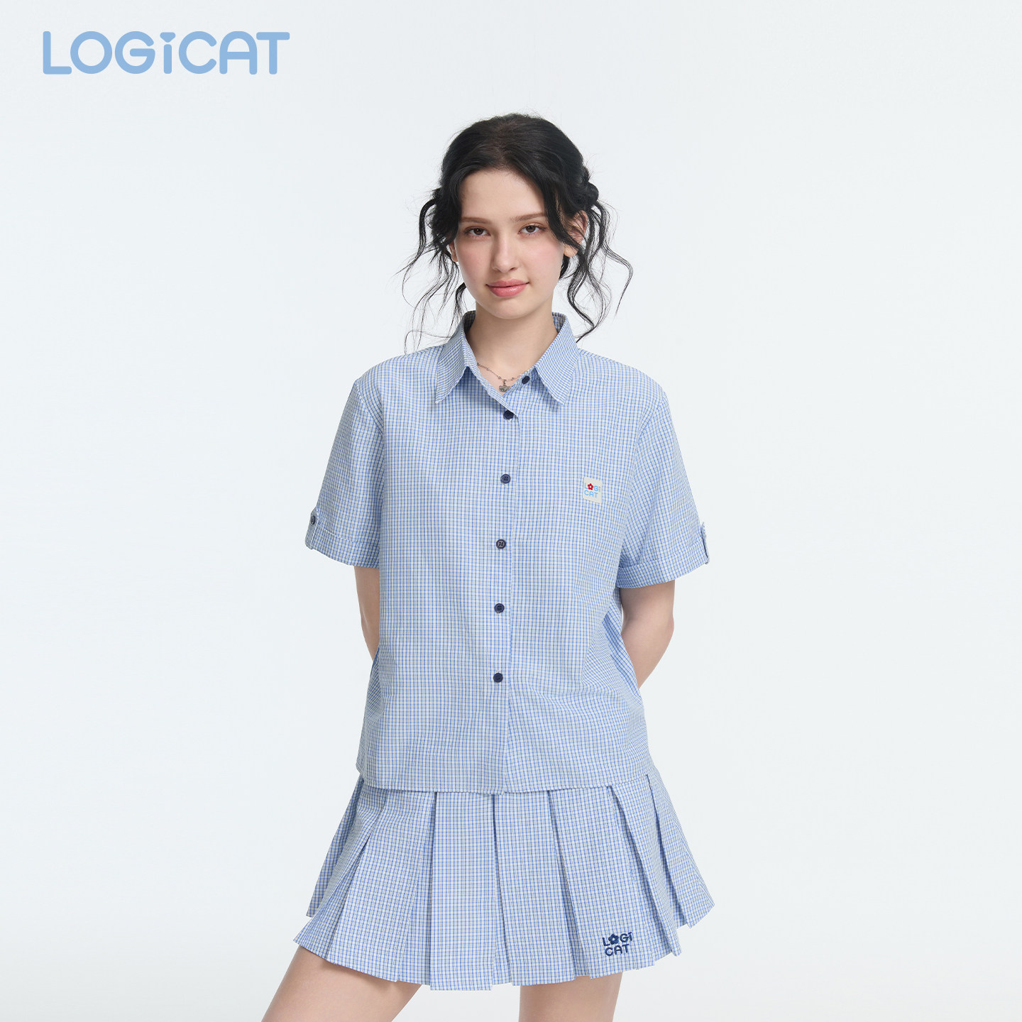 LOGICAT短袖衬衫2026夏季新款蓝白格子套装学院风显瘦a字百褶裙