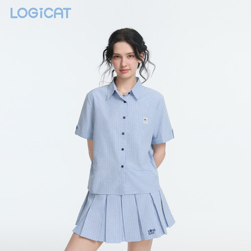 LOGICAT短袖衬衫2026夏季新款蓝白格子套装学院风显瘦a字百褶裙