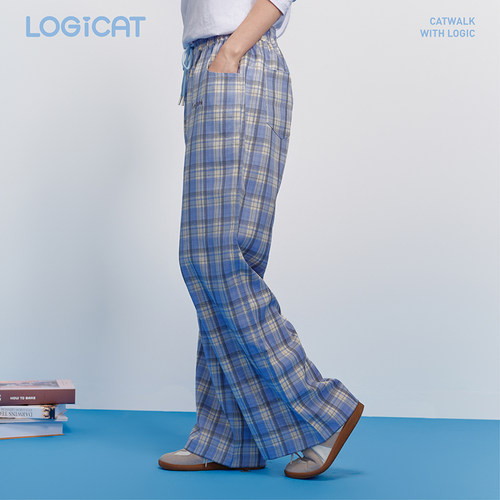 蒲熠星同款LOGICAT蓝色格纹休闲裤宽松慵懒舒适男女同款直筒长裤