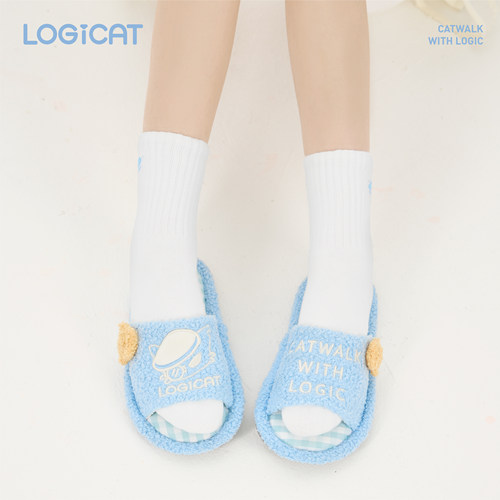 LOGICAT毛绒拖鞋秋冬保暖居家舒适防臭防滑猫咪室内一字棉拖鞋