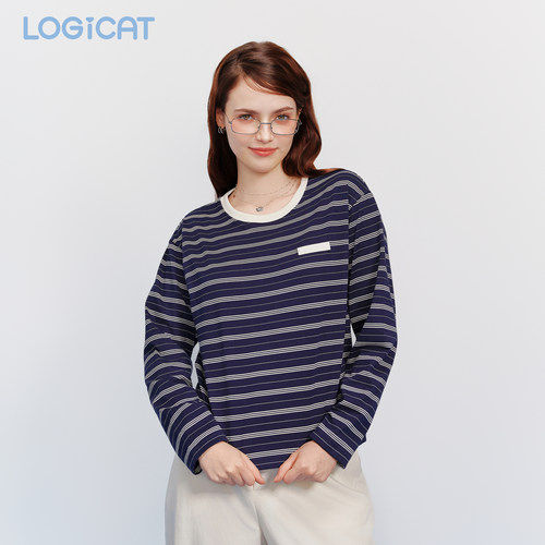 LOGICAT皮标条纹T恤舒适百搭女款四季基础落肩宽松圆领长袖上衣