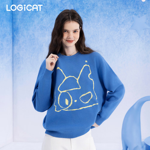 明星同款LOGICAT蓝色手绘猫咪毛衣软糯慵懒宽松初春针织上衣