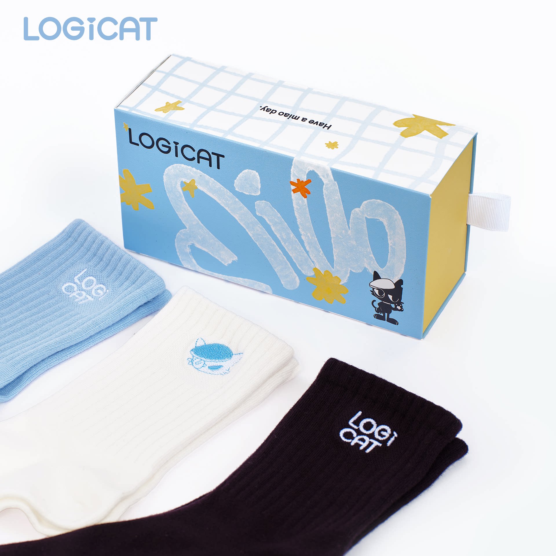 LOGICAT猫咪袜子刺绣基础色百搭吸汗透气男女夏季薄款袜子中筒袜图片