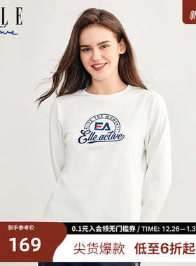 ELLE ACTIVE女装运动T恤休闲圆领印花长袖打底衫户外通勤长袖上衣