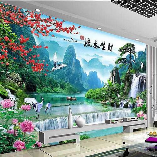 无缝电视背景墙布3b壁画影视壁纸壁布山水风景画流水生财沙发贴画