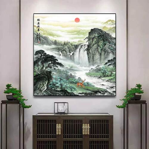 流水生财富水长流装饰画玄关客厅办公室壁画正方形新中式山水画