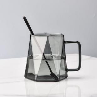 轻奢钻石型玻璃杯带勺咖啡杯耐高温茶杯办公高颜值个人专用水杯子