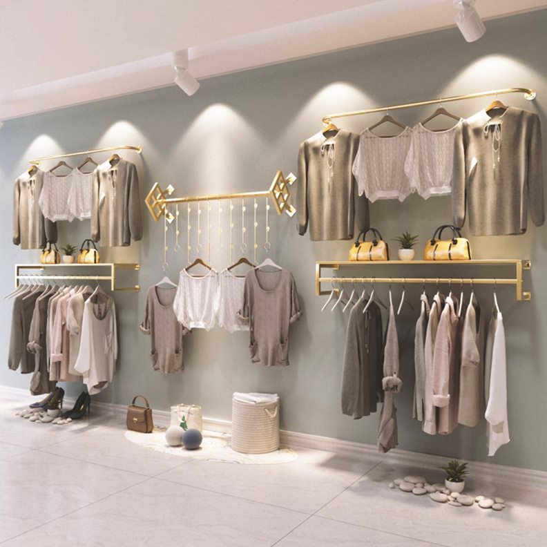 墙上货架上挂衣服组合墙男女创意展示架壁挂式架子童装服装店金色