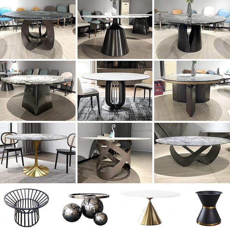 岩大气脚架圆餐桌式高端意脚大理石家用餐桌板轻奢不锈钢底座极简